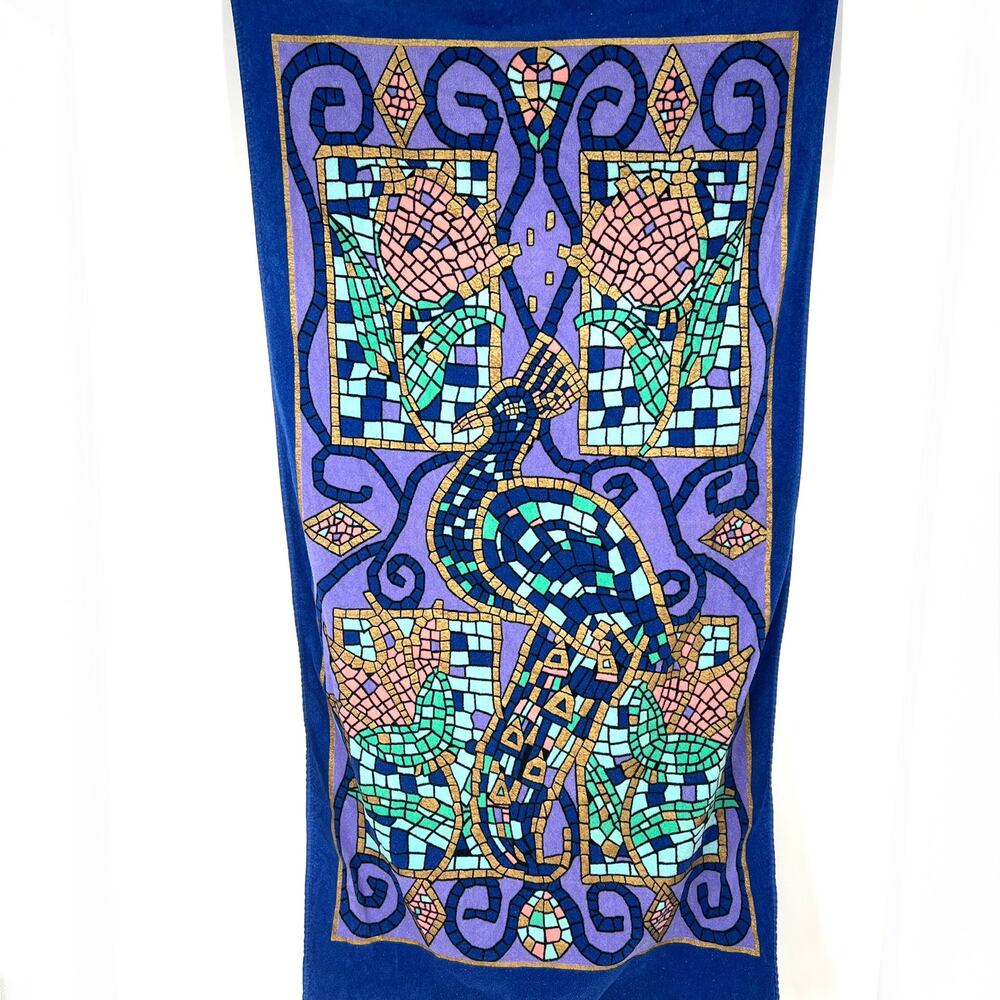 Vintage Franco Brazil Mosaic Stained Glass Print Cotton Beach Towel Peacock